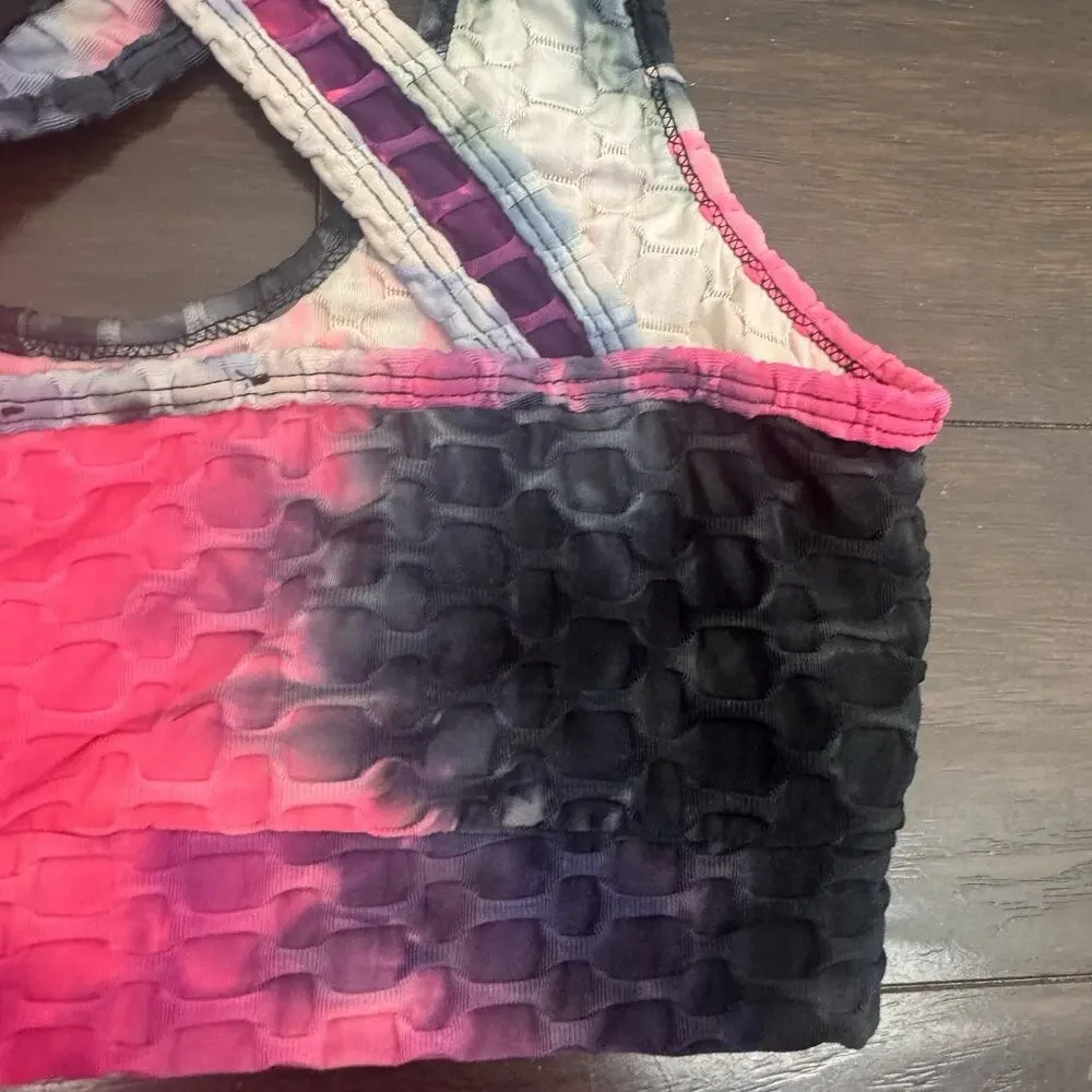 AQ-SPORT 2 Pc Matching Workout Set Sports Bra Biker Shorts Tie Dye Honeycomb M